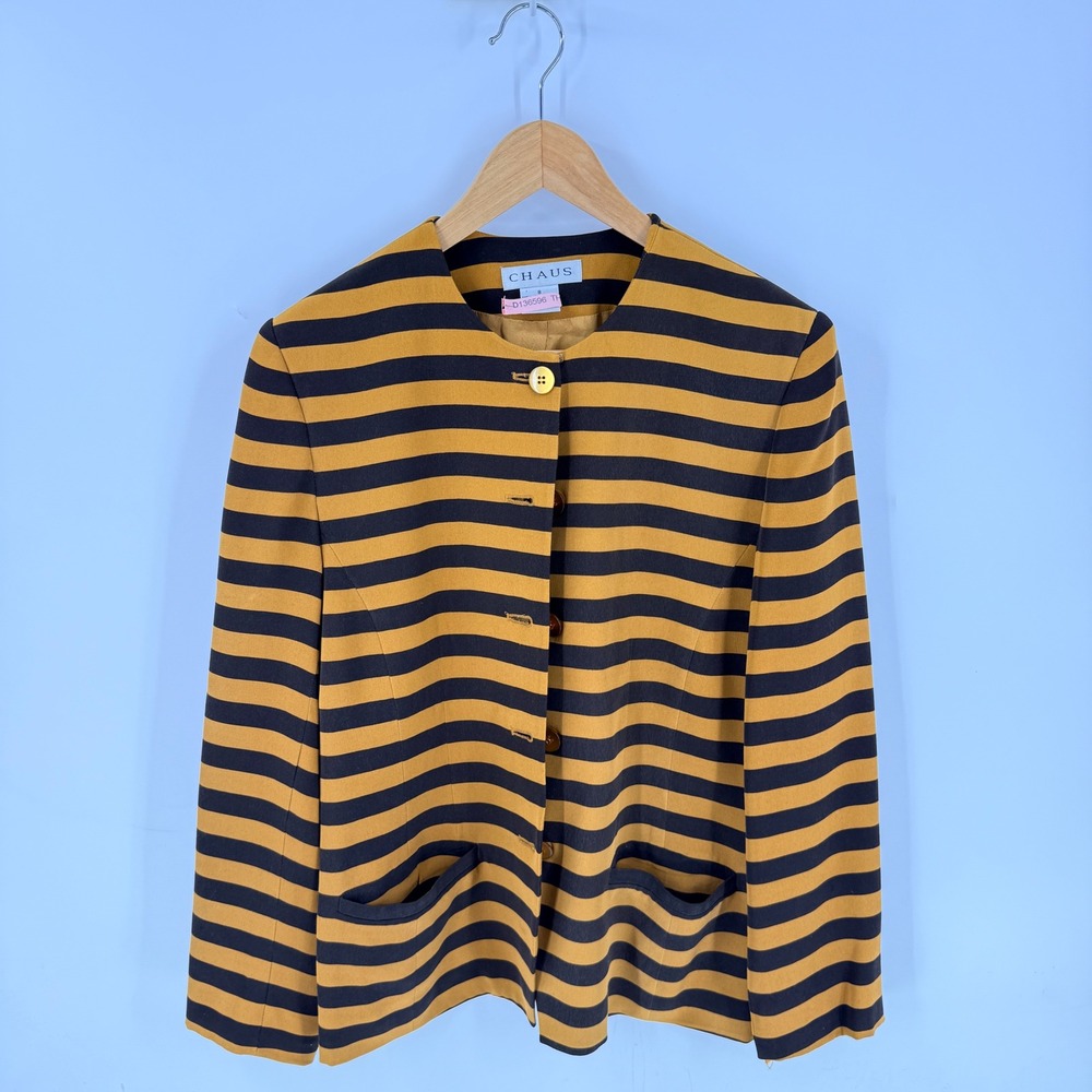 Vintage Chaus Silk Striped Blazer Mustard Brown Size 8 Vintage Collarless Jacket